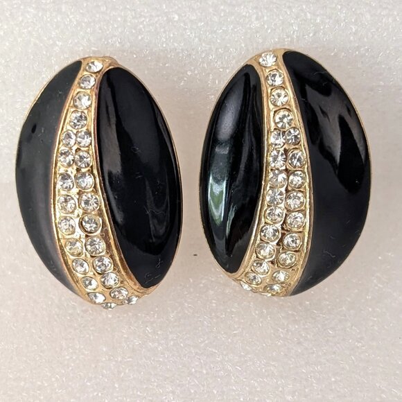 Vintage black enamel clip on earrings with gold and cz accents - Picture 8 of 8